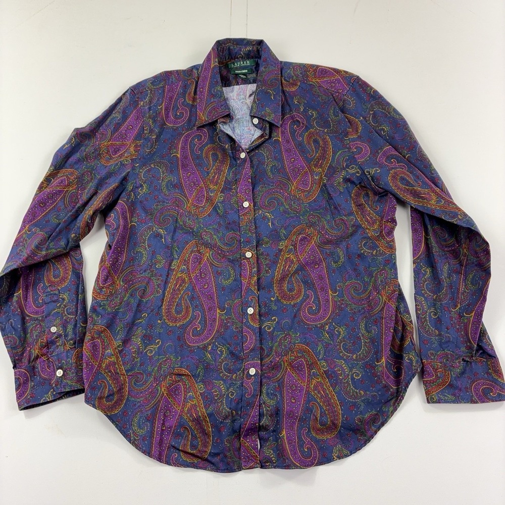 Lauren Ralph Lauren Shirt Womens XL Blue Paisley Collared Long Sleeve Non-Iron